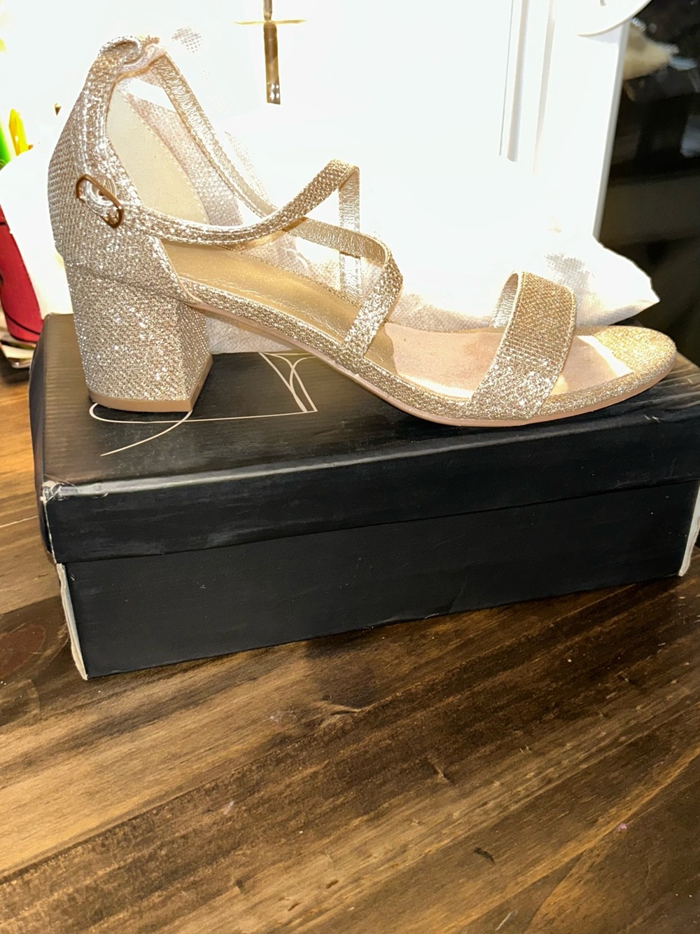 Sparkle Block Heel Sandals in Gold - Women's Elegant Evening Shoes